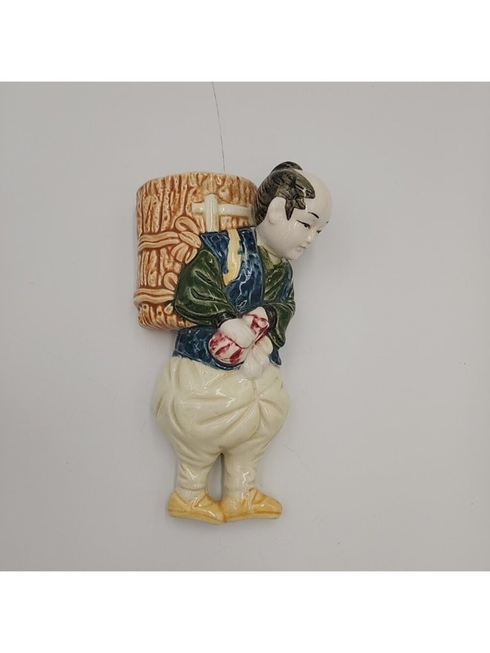 Vintage Wall Pocket Planter Japanese Man Traditional Dress Basket Vase Ceramic